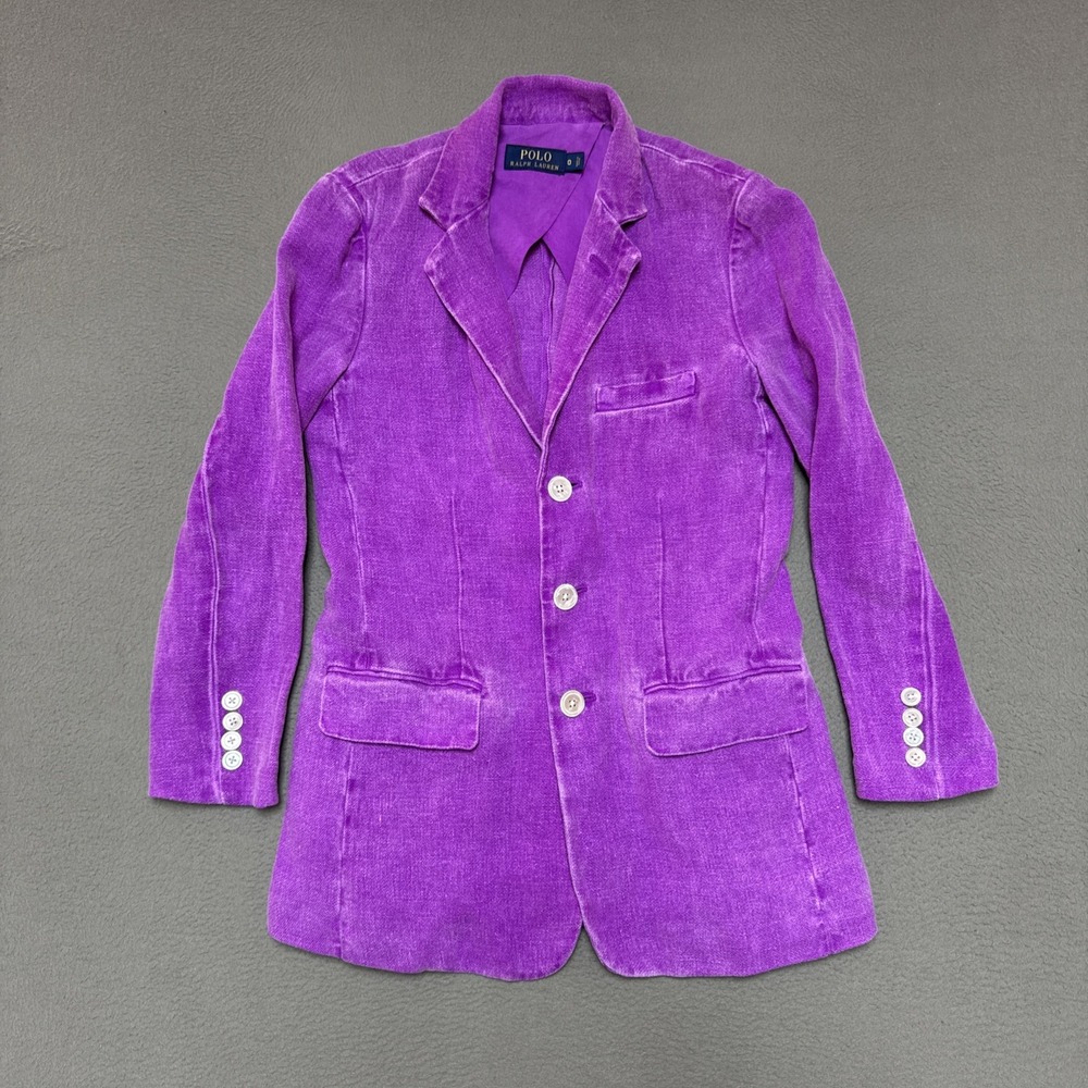 VTG Polo Ralph Lauren Linen Blazer Size 0 Purple Distressed Faded‎ Old Money Ivy